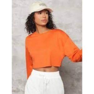 Shein Sweater Womens Small Orange Crewneck Pullover Cropped Sweatshirt Cutoff
